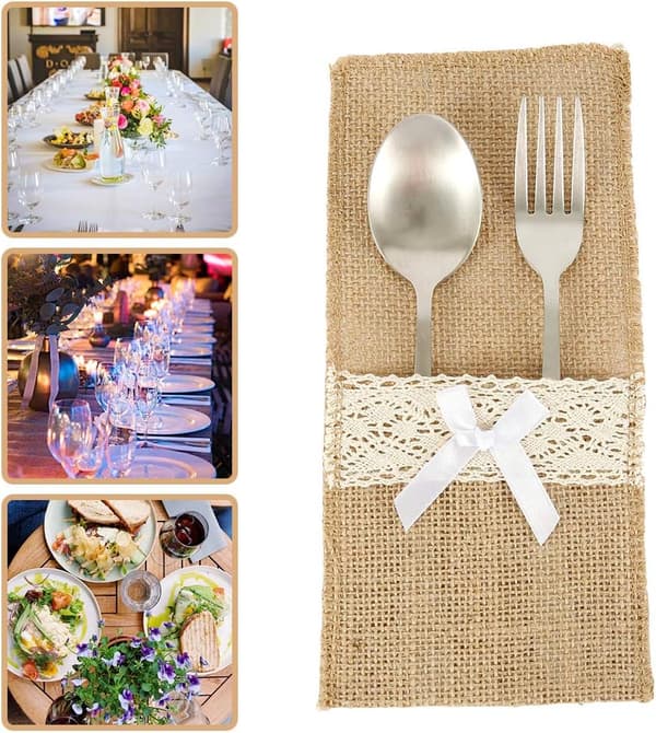 20 stycken besticksaskar i säckväv och spets med rosett
