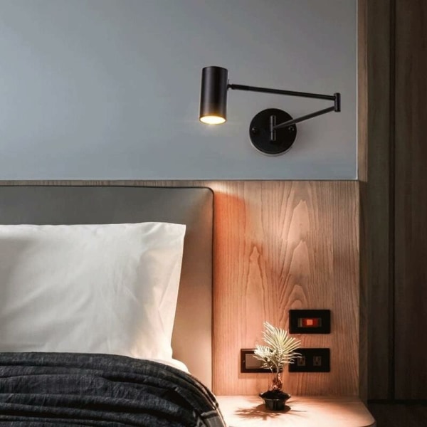 1st (svart) Sänglampa inomhus, väggbricka, minimalistisk justering