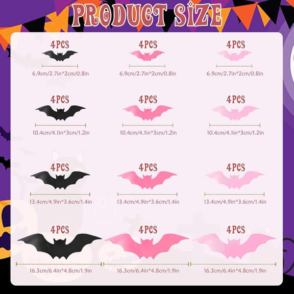 48 st 3D Rosa Fladdermöss Halloween Väggdekor - PVC Väggdekaler
