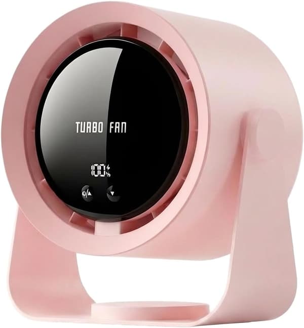 Stille skrivebordsvifte, oppladbart USB-batteri, 5400 mAh, LED-skjerm, justerbar hastighetskontroll, 90° vippbart hode, rosa