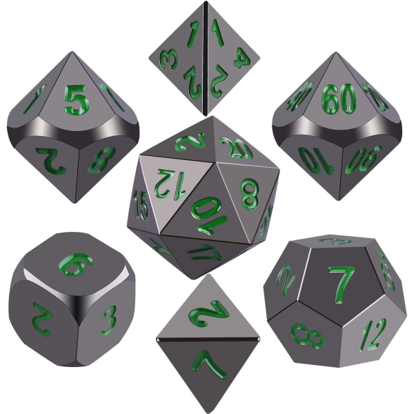 Metall Polyhedral 7-Die Terningsett, blank svartmalt og mørk Gr