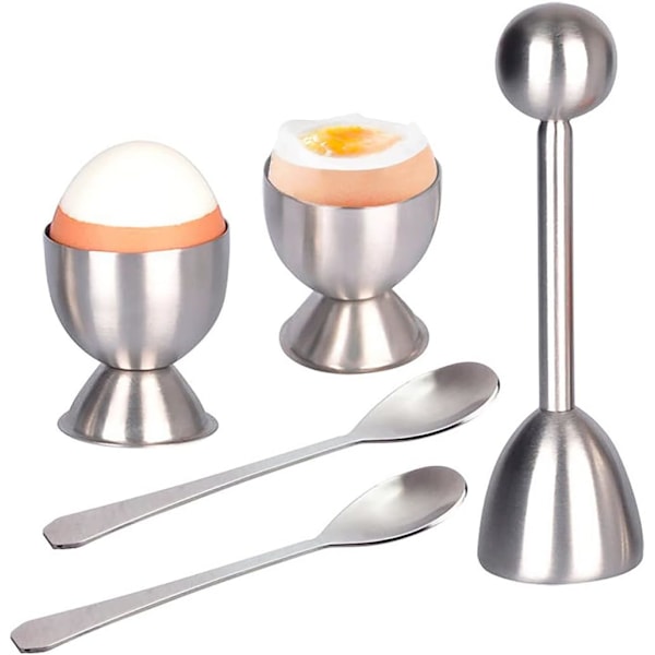 Egg Cracker Topper Sett med 5 - Inkluderer 2 Eggkopper, 2 Skjeer og 1 Kutter - Rustfritt Stål Enkel Eggåpner