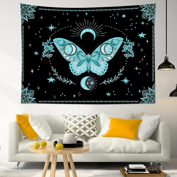 Teal Butterfly Gobelin Veggteppe Svart og Hvit Måne Stjerner T