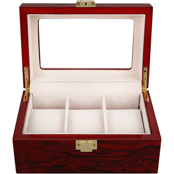 Träurbox i brunröd färg med 3 fack, transparent fönster