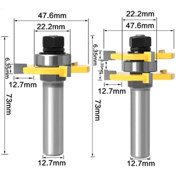 1/2\" (12,7 mm) Kö- och Spårfrässet 3-tandad T-formad Träfräsverktyg