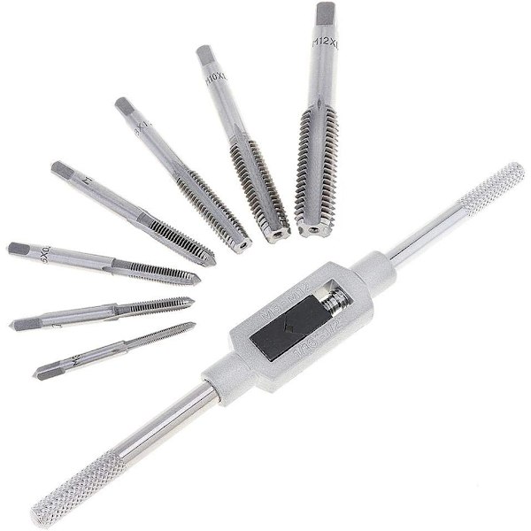 HSS Tapping Die Sett med 8 stk, med M3-M12 Taps og 1/16\"-1/2\" Nøkkel