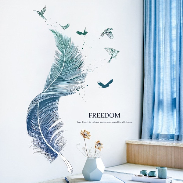 Veggklistremerker FJÆR i blått (38×67 cm) I dekorativt veggklistremerke Fugler Moderne plakat I Dekorasjon for stue soverom kjøkken gang møbler