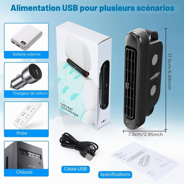 Bil køleventilator, USB bilventilator, elektrisk bilventilator med 3 hastigheder, køleluftventilator