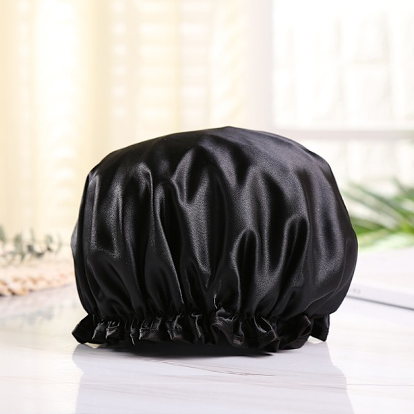 Extra Large Reusable Shower Cap for Men, Women (Black 4 Pack ) Satin Double Layer  Waterproof Long Hair Cap