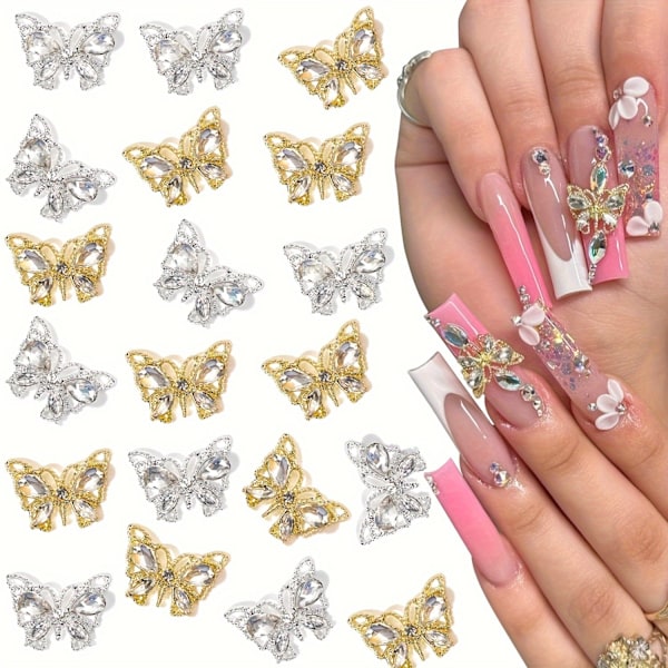 20 stk. Butterfly Negle Charms 3D Luksus Butterfly Negle Stene Guld Sølv Butterfly Negle Diamant Skinnende Negle Rhinestones til Akryl Negle Neglekunst Forsyninger