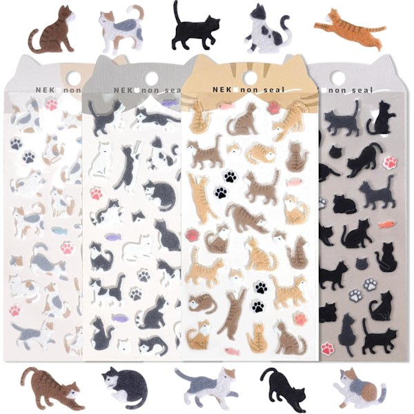 Søde katteklistermærker til scrapbooking for voksne og børn - Japanske små Kawaii sorte tuxedo tabby calico kattepoter klistermærker - 4 ark til planlægning og journalisering