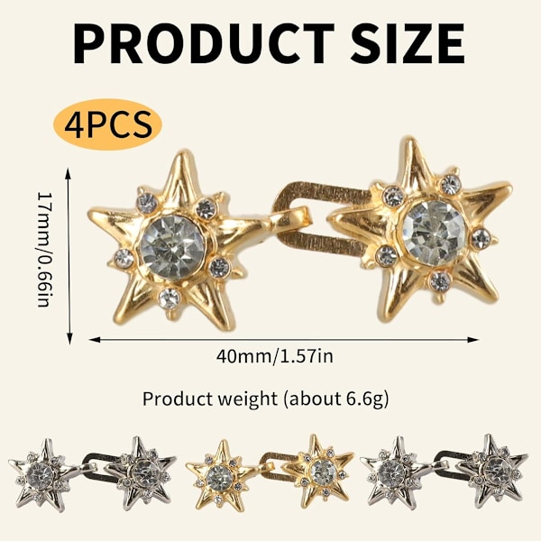 4 Sett Justerbare Bukseseler – Uten Søm Rhinestone Stjerne Jeans Midje Pins, Avtakbare Stjerne Klipsspenner for Bukser/Skjørt – Fiks Løse, Sølv