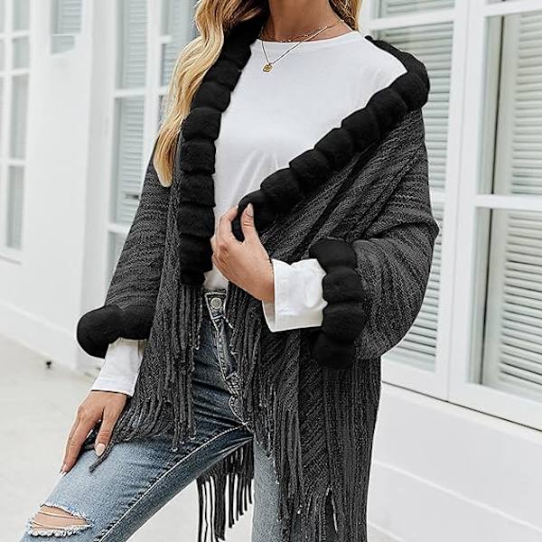 Universal Varm Poncho for Kvinner - Svart, Elegant Kunstig Ullfrynser