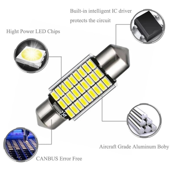 (4 stk, hvit) 39 mm Ekstremt lyssterk 6500K hvite LED-pærer Feil F