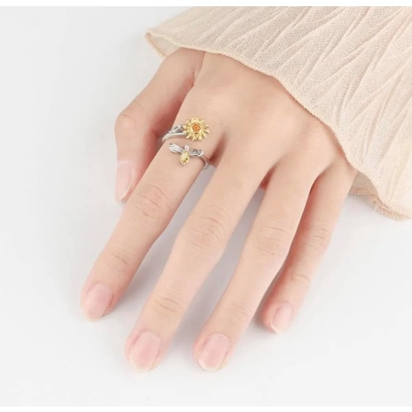 Justerbar Solrosblommor Bi Spinner Ring i 14K Vit och Gulguldpläterad - Fidget Smycken för Kvinnor, Ångest Ringar för Kvinnor, Fidget Ringar