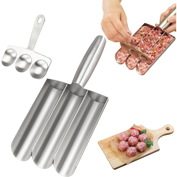 Premium 304 Rustfritt Stål Kjøttbollemaker - Trippelrørdesign med Bonus Skrape, Perfekt for Biff- og Kyllingkjøttboller, Ergonomisk og Holdbar