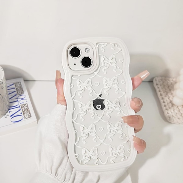 Kompatibel för iPhone 14 Skal Söt Transparent Vågig Ram för Kvinnor Flickor Rosett Mönster Lockigt Form Stötsäker Mjuk TPU 2 i 1 Telefonfodral - Vit Rosett
