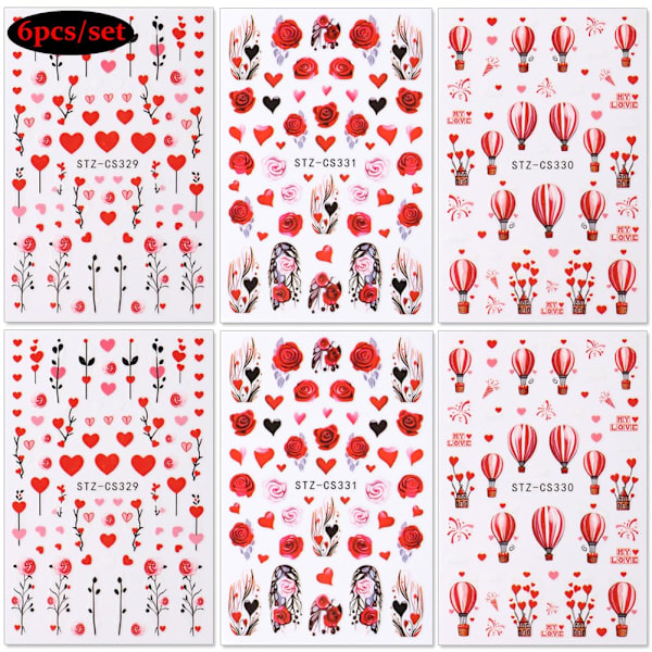 6 stk. Valentinsdag Neglekunst Stickers Røde Hjerte Negle Dekaler med Rose Ballon Designs 3D Klæbende Neglekunst Forbrugsvarer Valentinsdag Negletips Dekoration Romant