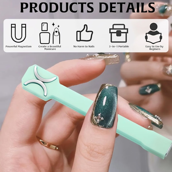 3-i-1 Kattöga Nagelmagneter Nagelkonst 3D Gel Nagellack Kraftfull Magnetisk Sug Multi-Funktionella Nageldesignverktyg Dubbelhuvud Magnet Grön, Kattöga M