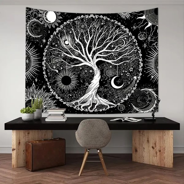 (130x150cm) Livets Træ Vægtæppe Måne og Sort Sol Væghæng