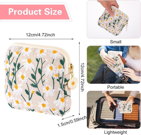 2 stk. Tusenfryd Sanitetsbind Oppbevaringspose, Broderi Menstruasjonskopp Pose Bomull Myk Periodeholder Pose Bærbar Tampongholder Bind Pose Periode Kit Ba