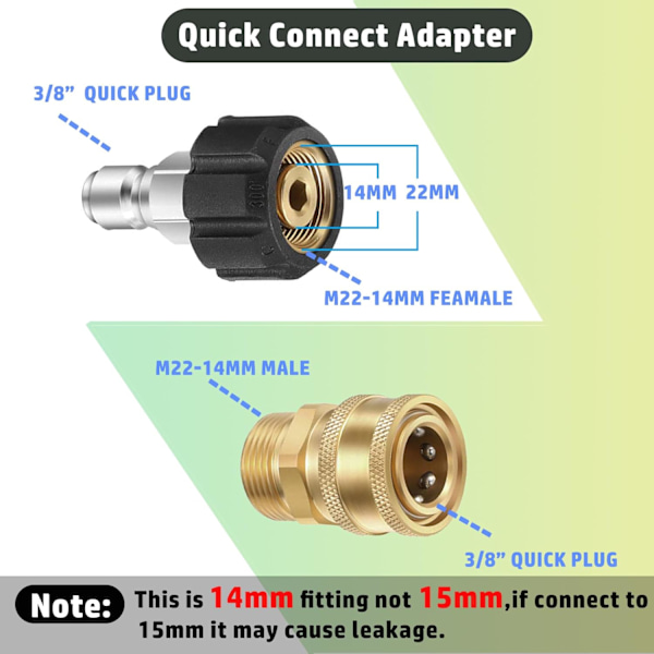 8 stk. Trykvasketilbehør, Trykvaske Adapter Sæt, Messing Trykvaske Adapter Sæt til Slanger og Pumper, M22-14 Hun Gevind + 3/8\" Han Gevind