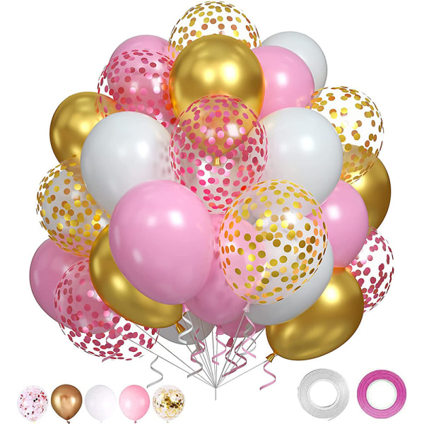 60 ballonger i rosa vitt och guld, 12 tums rosa pärlvit meta