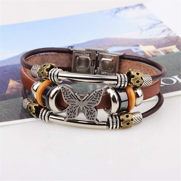 Bohemian Nahkarannekorut Miehille ja Naisille Vintage Punk Alloy Butterfly Key Säädettävä Helmillä Koristeltu Kierretty Monikerroksinen Punottu Mansetti Rannekorut Ranne D