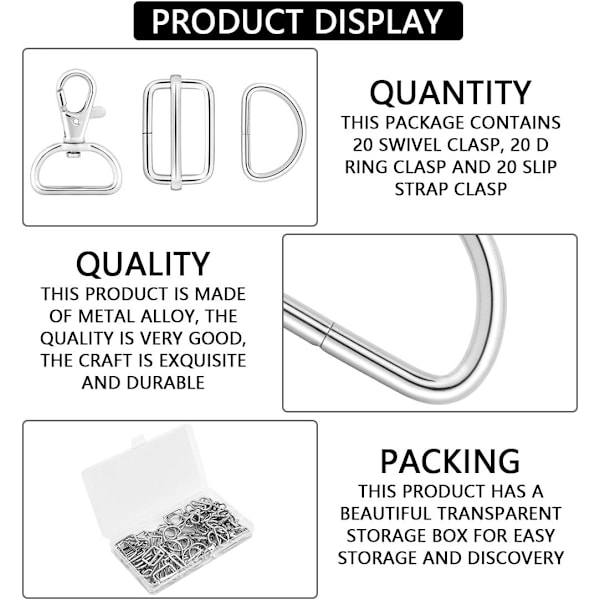 60 st Karabinhake Handväska Sömnadstillbehör, Vridbara Snäppkrokar Sömnad, Tri-Glide Metallspänne + D-formade Ringar + Vridbara Krokar DIY Tillbehör