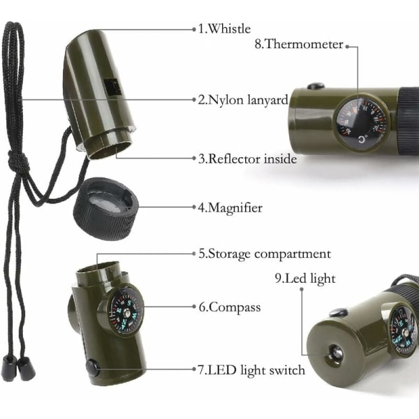 Emergency Survival Whistle, 7-i-1 fløyte med LED, kompass og