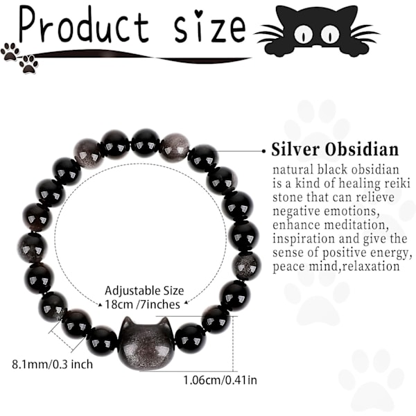 Svart obsidian armbånd med katt - armbånd med katt - perlearmbånd med heldig katt - krystallarmbånd - stretch armbånd - armbånd med katt for kvinner