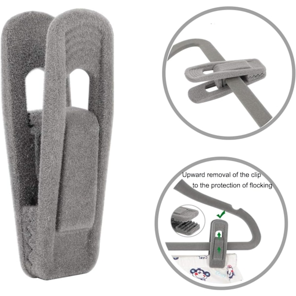 24 stk. Klesklyper i fløyel, Klesklyper for bukser i fløyel, Sterke flokkede fingerklyper ideelle for bruk med slanke kleshengere i fløyel, grå