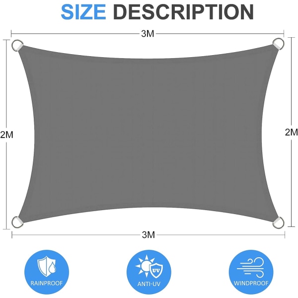 2 x 3m Rektangulær Vandafvisende Solsejl (Grå) Solsejl 95% UV