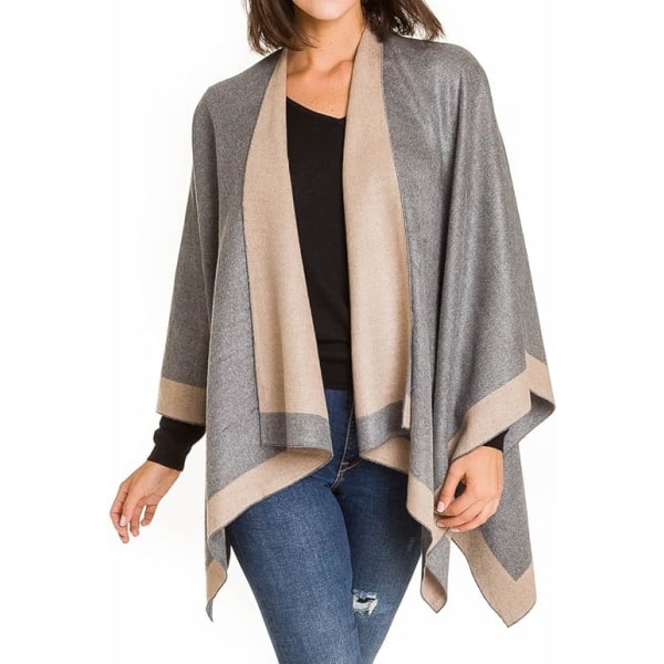 Fargeblokkert Sjal Wrap Poncho - Khaki, Åpen Cardigan Genser for