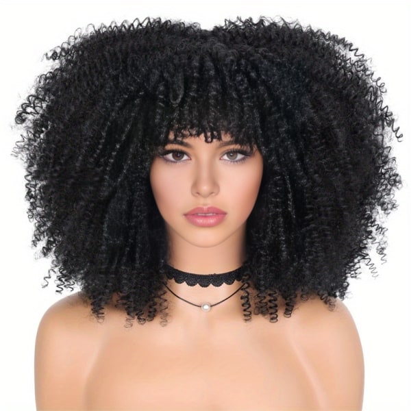 (Svart) 14" svart lockig peruk för kvinnor, kort svart hår, freak hår,
