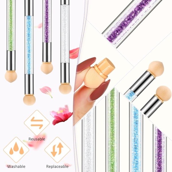 4 stk. UV Gel Gradient Svampe Penne med 16 stk. Udskiftningshoveder Neglesvampe til Ombre Dobbelt Hoved Børste til Neglekunst Manicure DIY Værktøj (Hvid, Grøn,