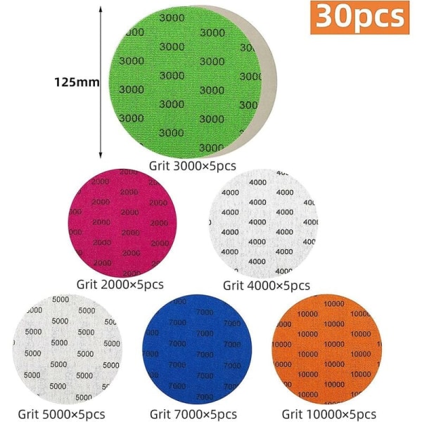 30 stk Sandpapir Slipeskive 125mm Korning 2000/3000/4000/5000/7000/