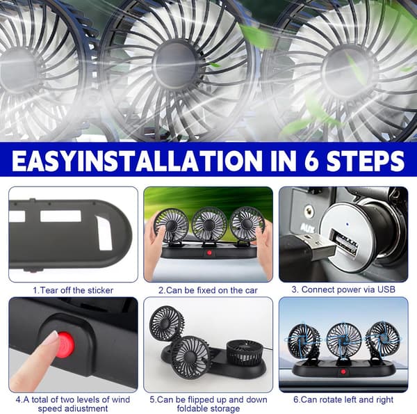 Bilvifte, USB-bilvifte, Dobbelthodevifte, 360° Rotasjon, 3 Justerbare Strømmoduser, Bil