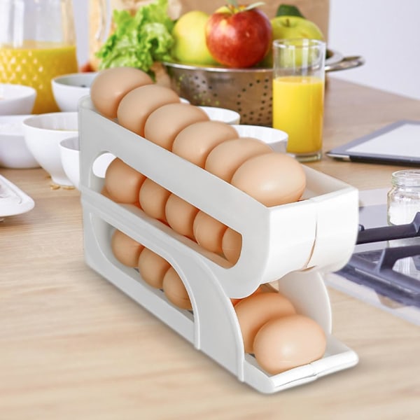 Tieret Eggdispenser til Kjøleskap, Automatisk Rullende Egglagerbeholder for å Spare Plass, Plassbesparende Eggstativ for Kjøleskap og Benkeplate