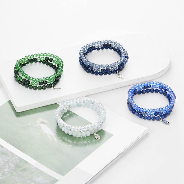 Stapelbara kristallpärlarmband för kvinnor Boho Multi Layer Stretch Armband Natursten Pärlarmband med blad Ch