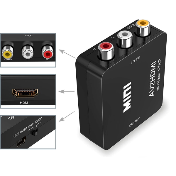 Svart - Videosignalomvandlare (AV till HDMI) AV2HDMI av till hdmi av