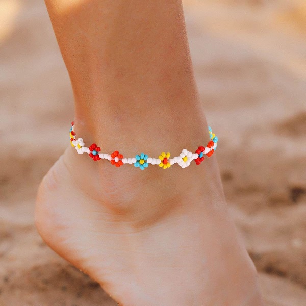 Helmilliset nilkkakorut naisille Boho Söpö Daisy Kukka Helmi Nilkkarannekorut Käsintehdyt Vedenpitävät Surffari Nilkkakoru Kesäranta Jalkakorut Naisille