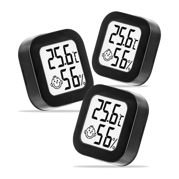 3 mini indendørs termometre (sort), digitalt termometer hygromete