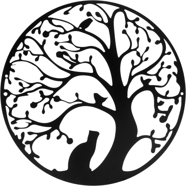 13.5 x 13.5 inch Tree of Life with Cat Silhouette and Bird Black