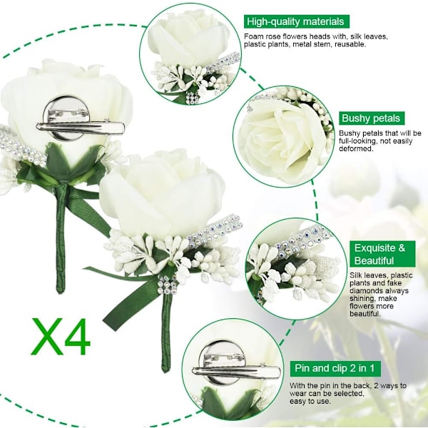 Sæt af 4 Mænds Bryllupscorsage Hvid Blomst Corsage Kunstig Blomst