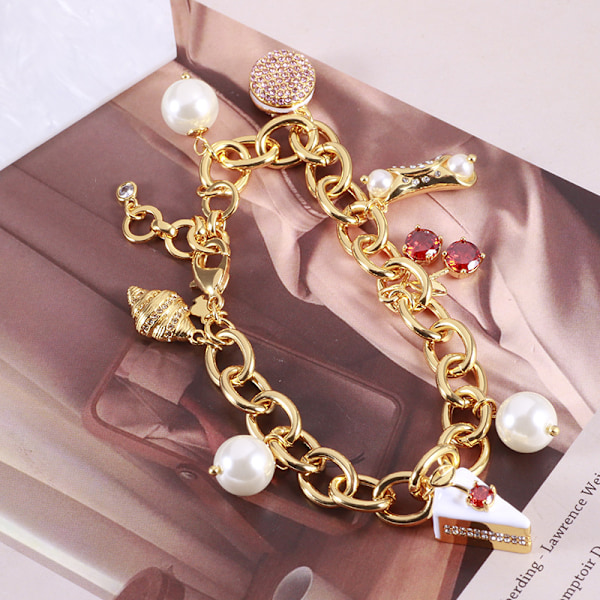 Valentinsdag Charm Armband i Förgyllt Guld för Kvinnor | Pave Rhinestone Hjärta | Röd Ros Imitation Pärla Charms Smycken för Hennes | Pargåvor Va