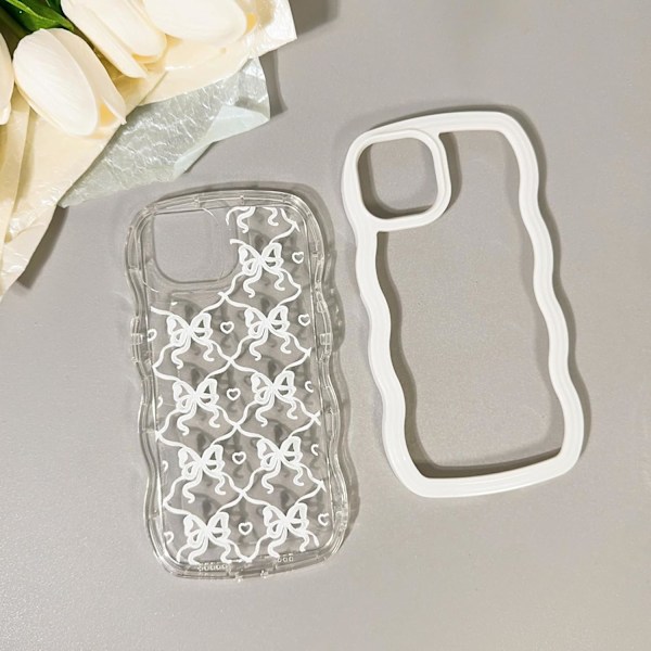 Kompatibel för iPhone 14 Skal Söt Transparent Vågig Ram för Kvinnor Flickor Rosett Mönster Lockigt Form Stötsäker Mjuk TPU 2 i 1 Telefonfodral - Vit Rosett