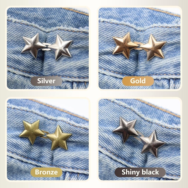 10 Set Byxmidja Åtdragare Stjärnknappar Nålar för Lösa Jeans Återanvändbar Midjeklämma Metall Stjärnbrosch för Kläder Klänningar Kjolar Ingen Sömnad Deco
