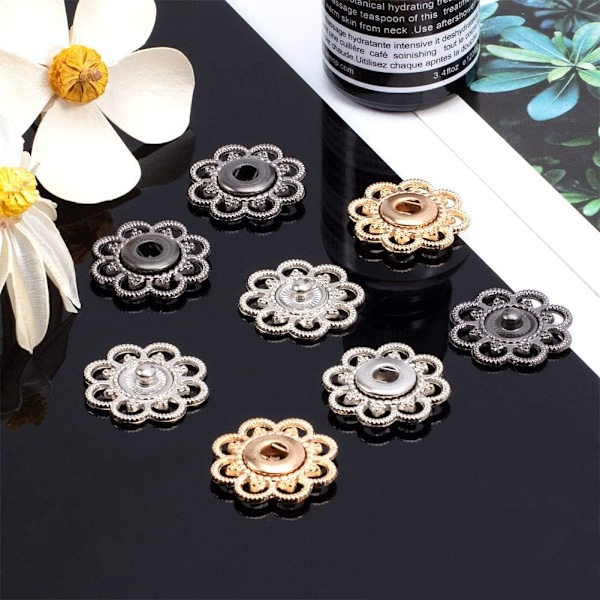 24 Sett Legering Blomst Trykknapper, 3 Farger Vintage Metall Sy På Trykknapp Fester Klesfester 2.1cm