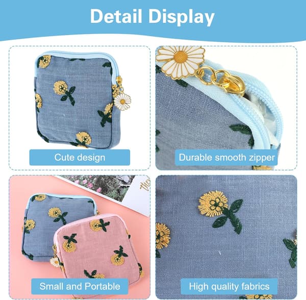 Sanitetsbind Opbevaringspose, 2 stk. Broderi Menstruationskop Pose Bomuld Blød Periode Holder Pose Bærbar Tampon Holder Pad Pose Periode Kit Pose til Kvinder